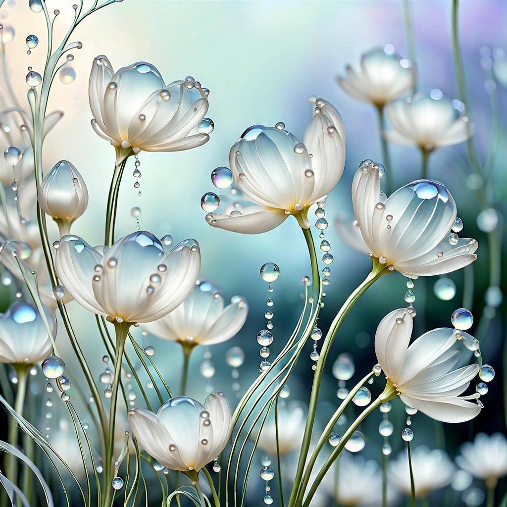 art nouveau delicate beauty of dew drops on pearl flowers garden  by @Maz