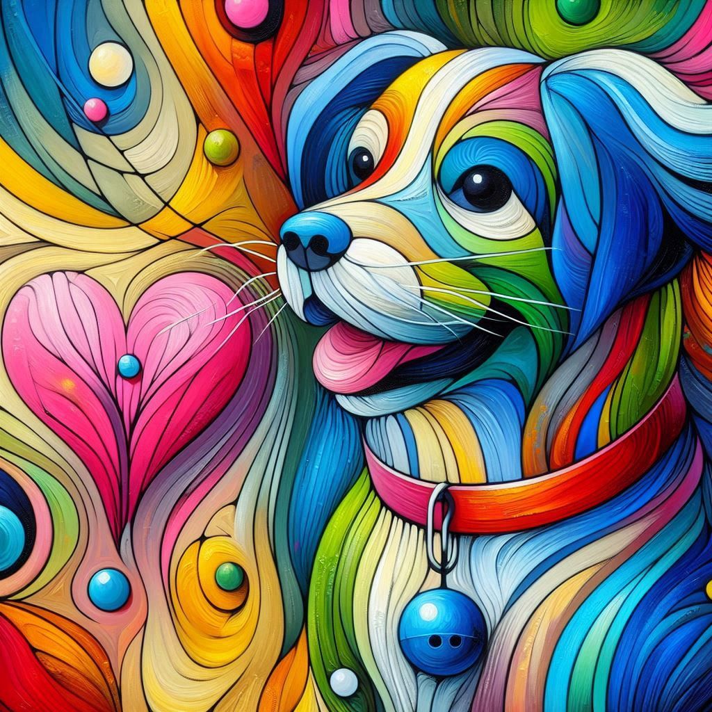 Colorful Abstract Dog with pink heart