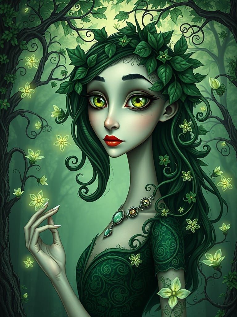 The Jade Jewel

A surreal portrait in the whimsical nouveau style: a woman with distorted, asymmetrical facial features, big jade-green eyes...