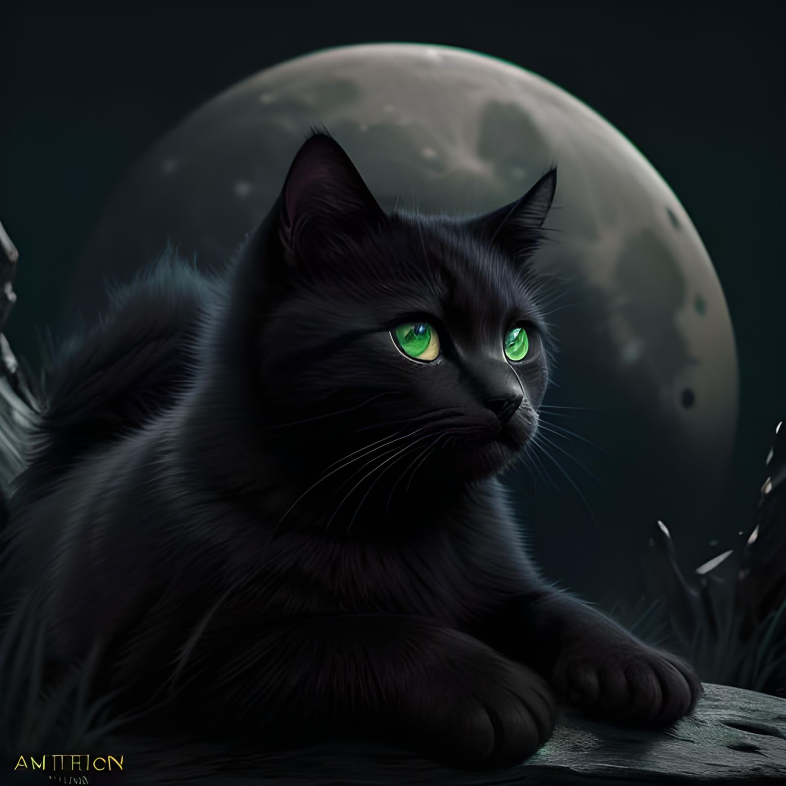 a green eyed with black fur kitten looking at the moon