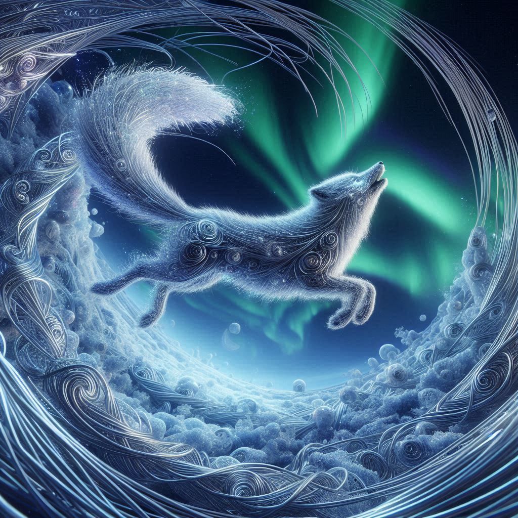 Polar fox in the aurora snowfield