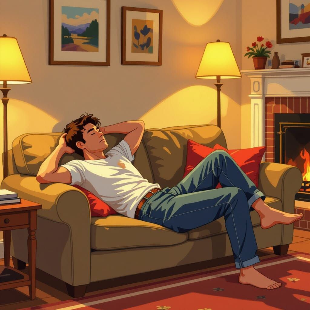 Man Relaxing on Sofa in Cozy Living Room