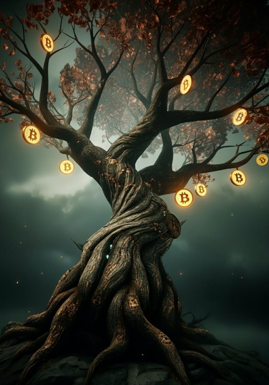 Gnarled Tree with Bitcoin and Copper Leaves in Epic 3D Game ...