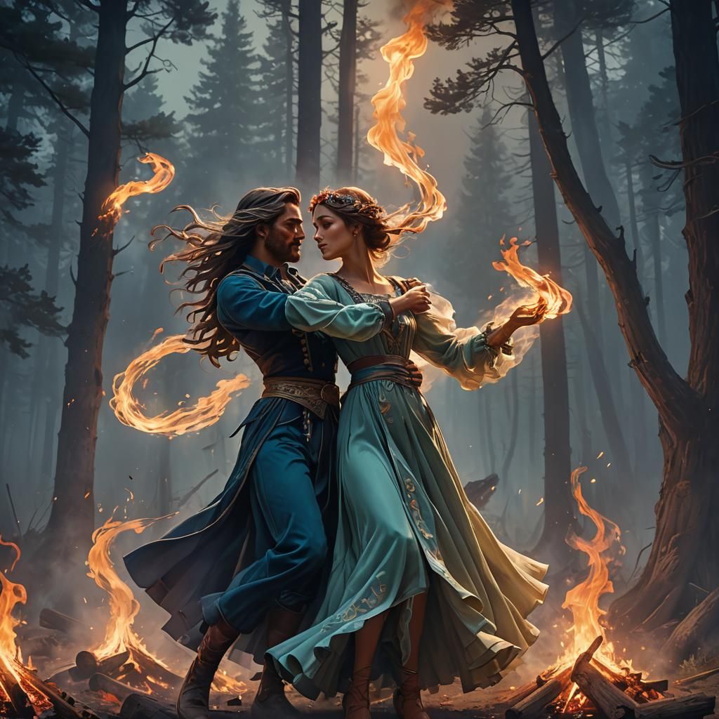 dancing couple formed from the smoke of a campfire in the fo...