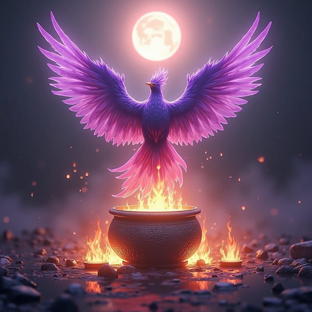 A Flaming Violet Fire Phoenix Rises from the Cauldron of Div...