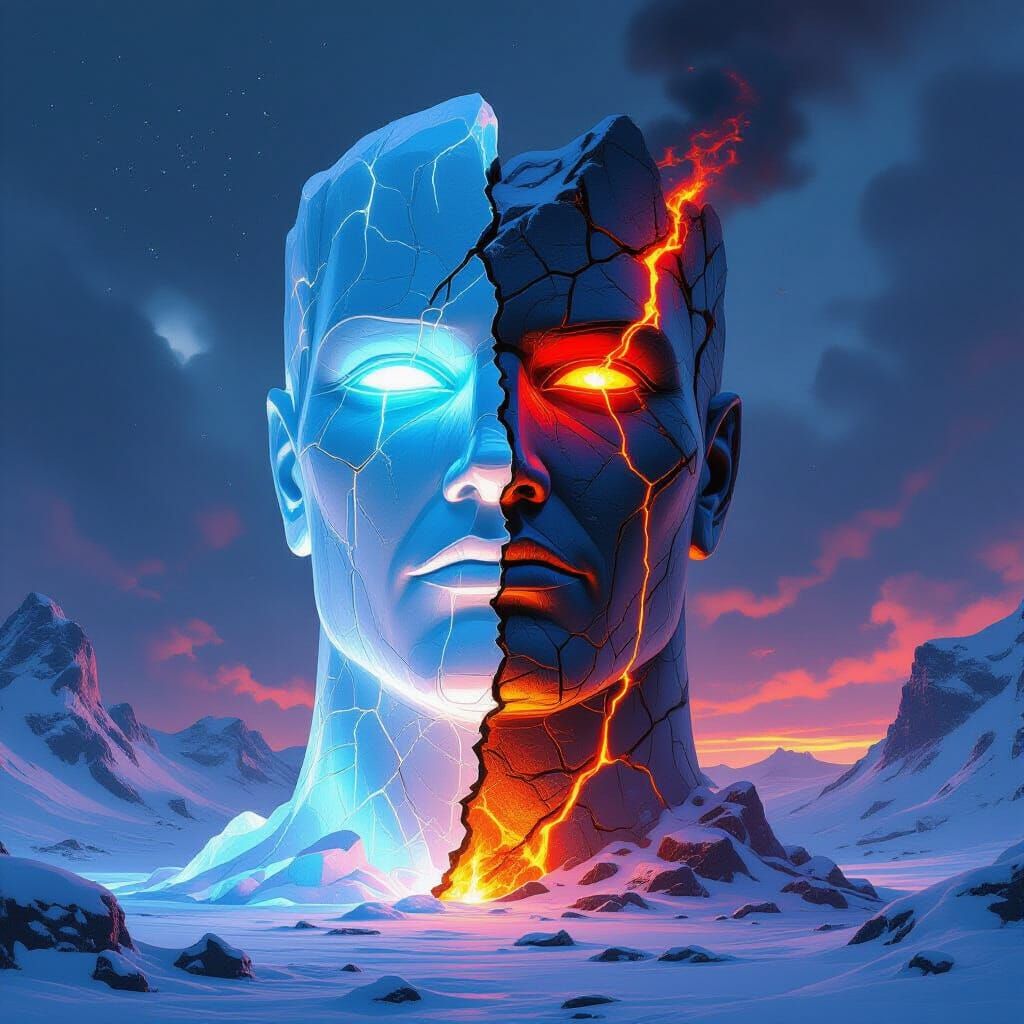Colossal Ice and Fire Statue in Snowy Wasteland