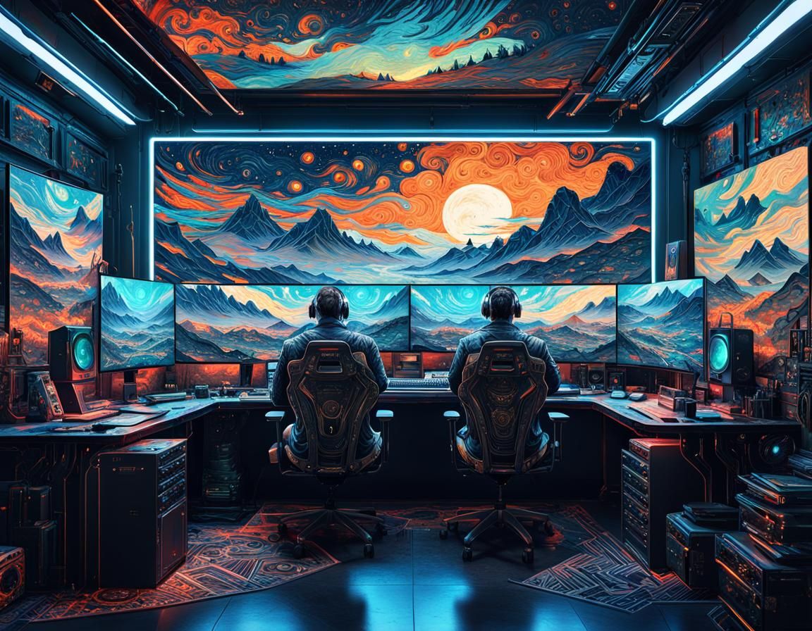 Cyberpunk style, epic Gaming PC Setup with multiple monitors, textured with large visible brush strokes, ...  by @Kindly Offer
