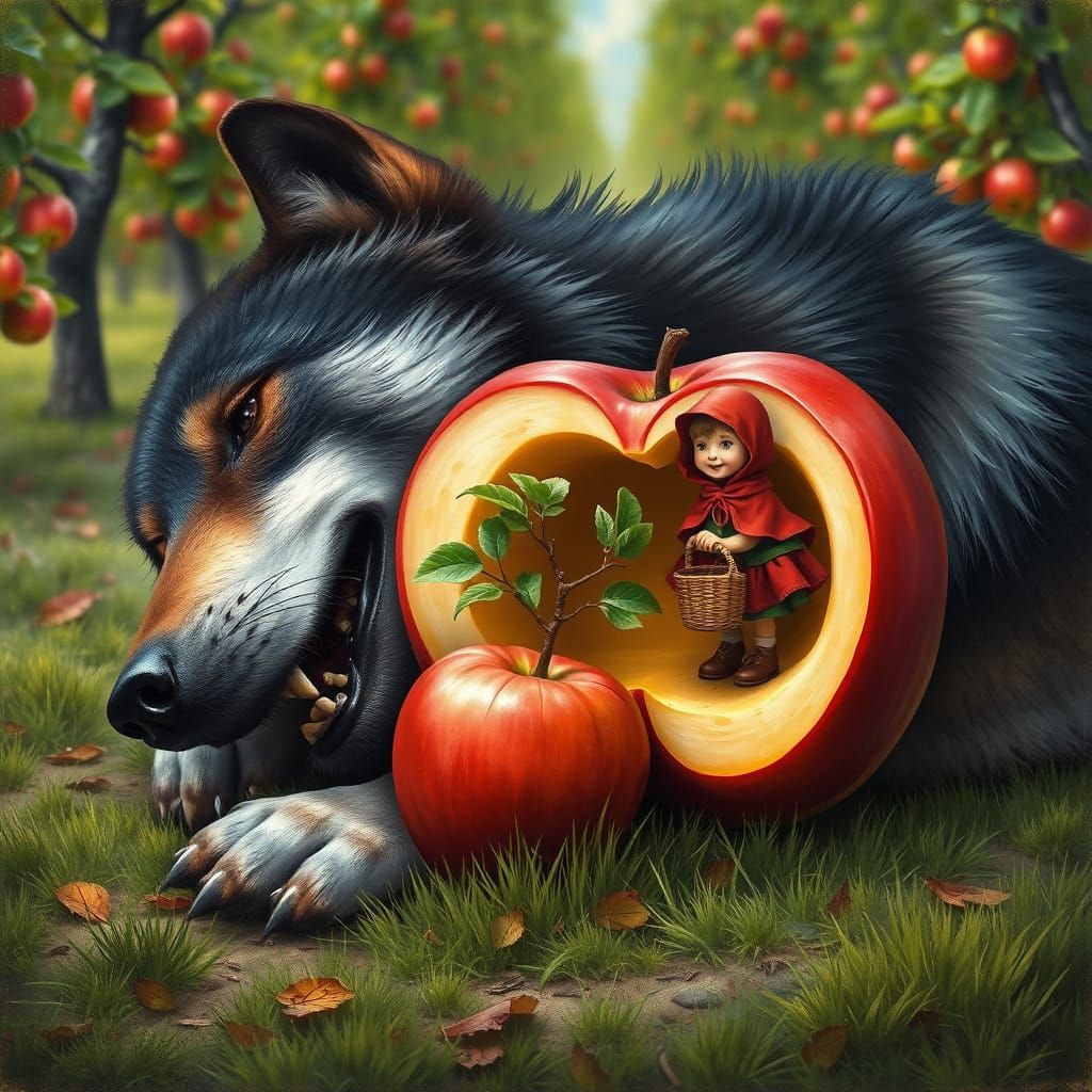 Little red riding hood getting apples beside big bad wolf  by @David Myers