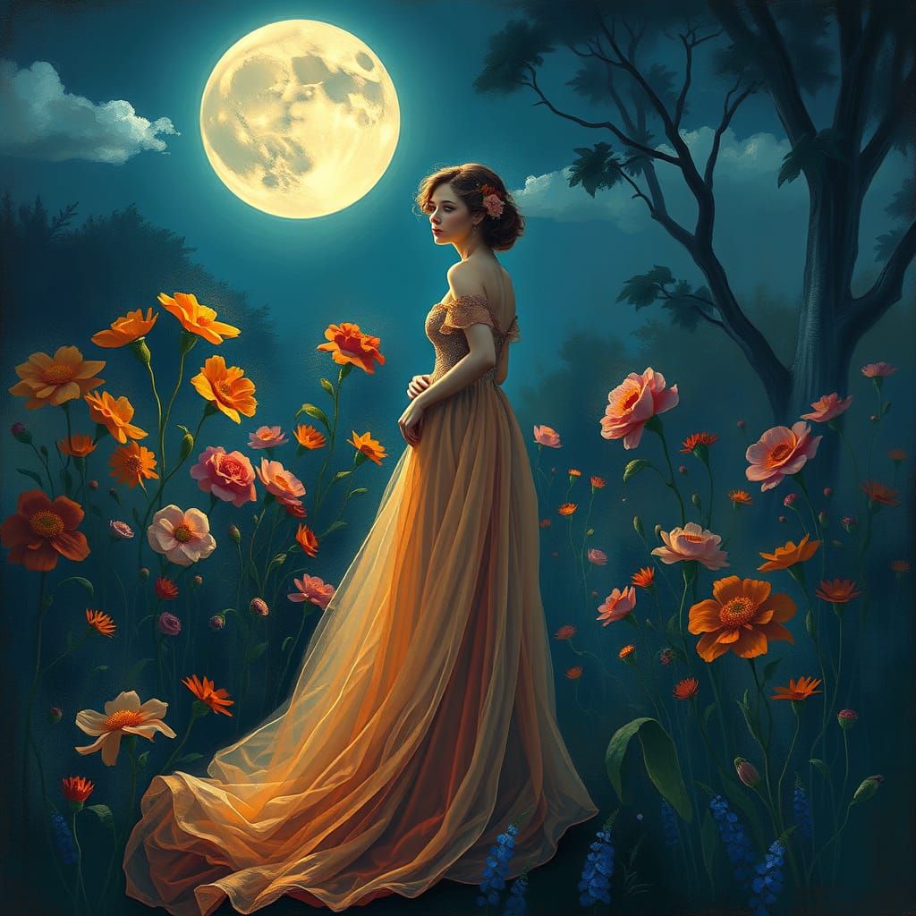 Elegant Woman in Moonlit Garden, Art Nouveau Style