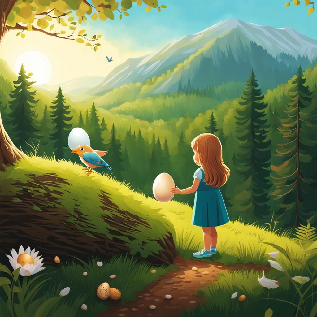 girl sees a beautiful bird  in the forest