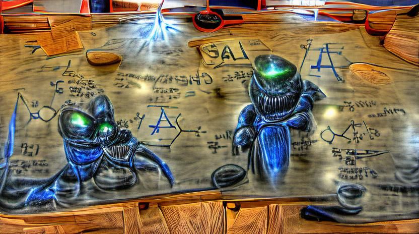 alien chemistry lab surfaceboard; fine line sketch; formula ...