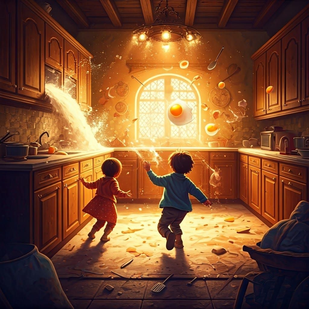 Mischievous Children Unleash Chaos in the Cozy Kitchen