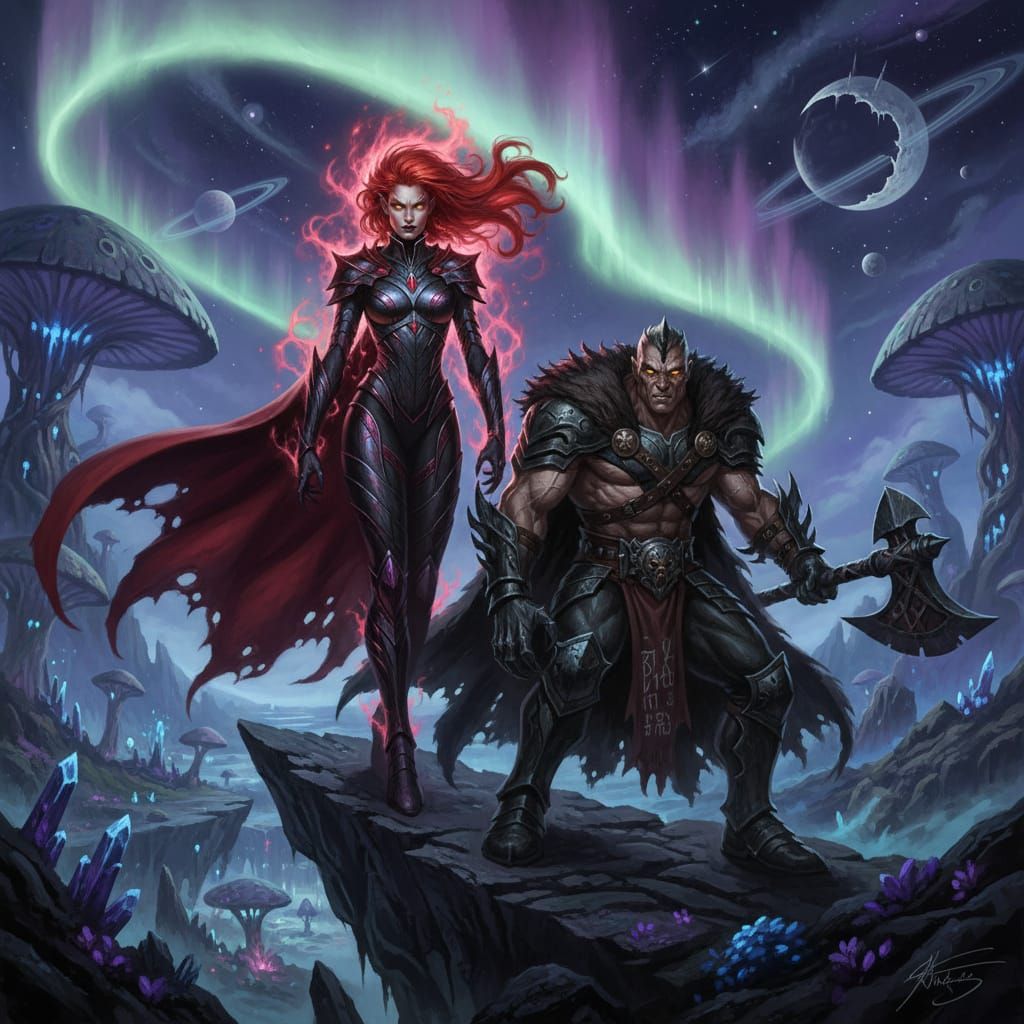 Warriors getting ready for battle. A proud, otherworldly woman with fiery red hair and piercing emerald eyes stands defiantly, an aura of po...