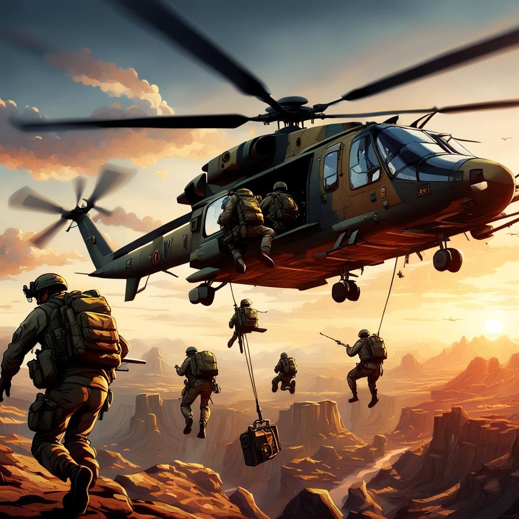 Dramatic Soldiers Rappelling in Golden Hour Light