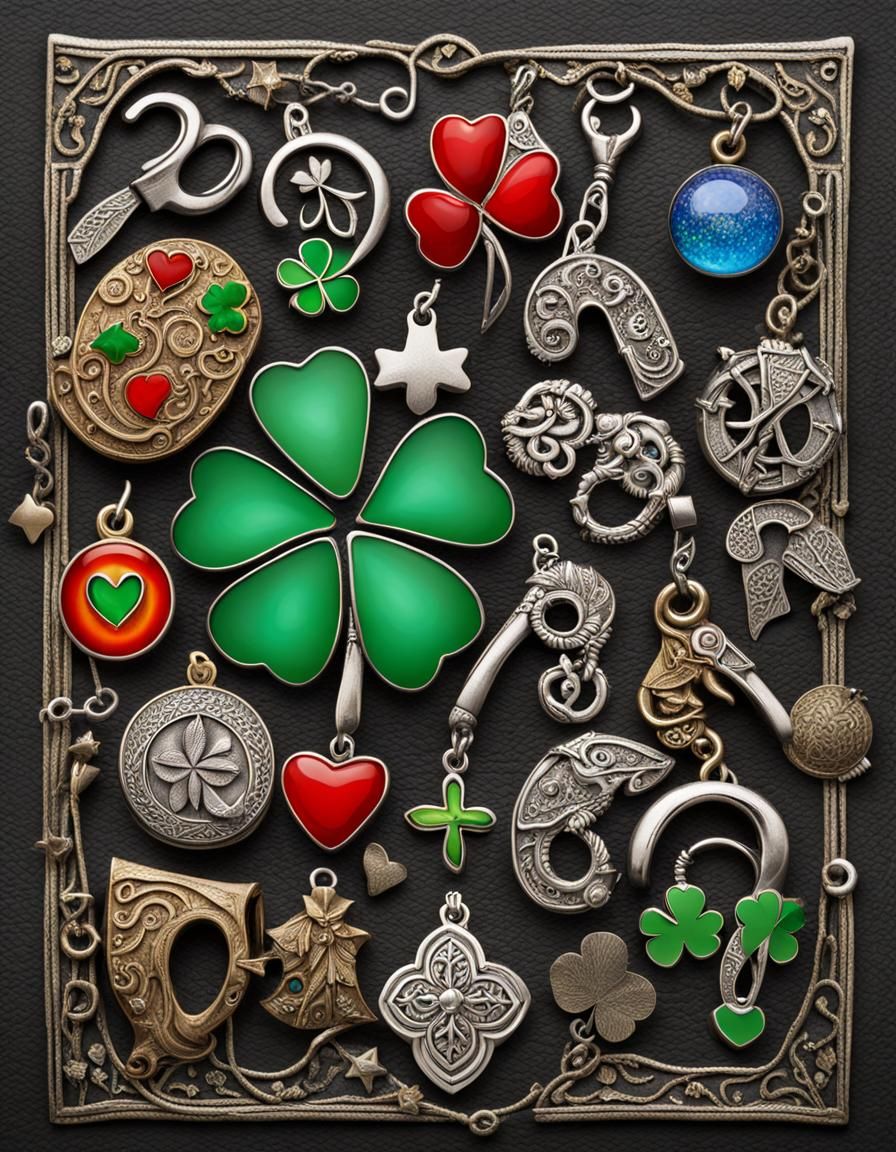 variety of charms strewn across a magical background, 4 leaf...