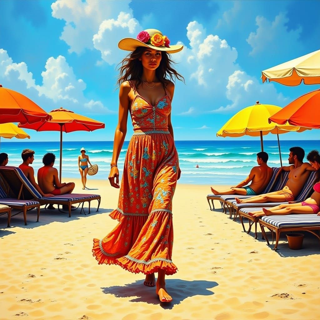 Colorful beach scene with a woman wearing a colorful sundress  by @Karrisa