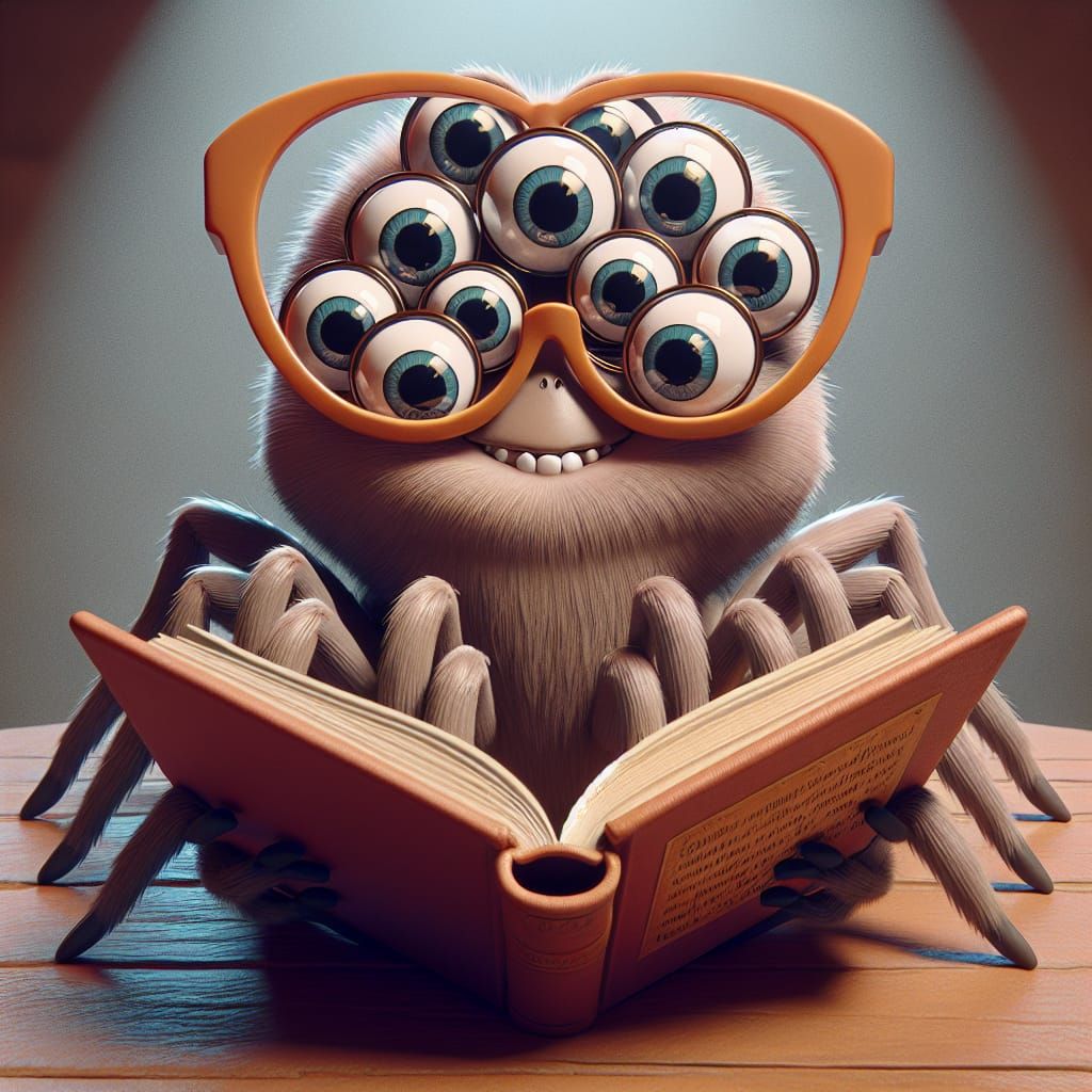 Spider with glasses reading a book   by @David Myers