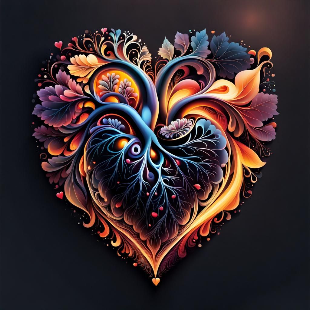 Abstract Heart Burning with Love in Dark Botanical Style