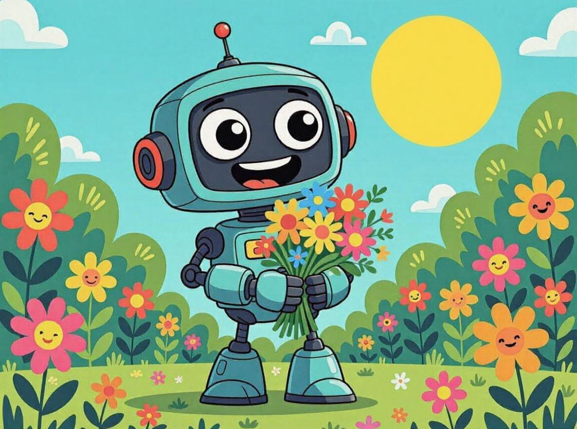 A whimsical 2D cartoon of a friendly, round robot with oversized eyes and a wide, beaming smile, holding ...  by @artskull