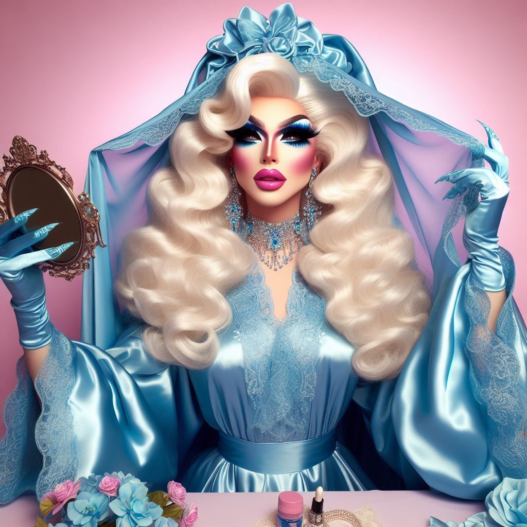 Satin Wonderland of Sissy Dresses and Wigs and Gloves and Makeup Mirrors. Poofy Extravagant Ultra Femme Drag Queen