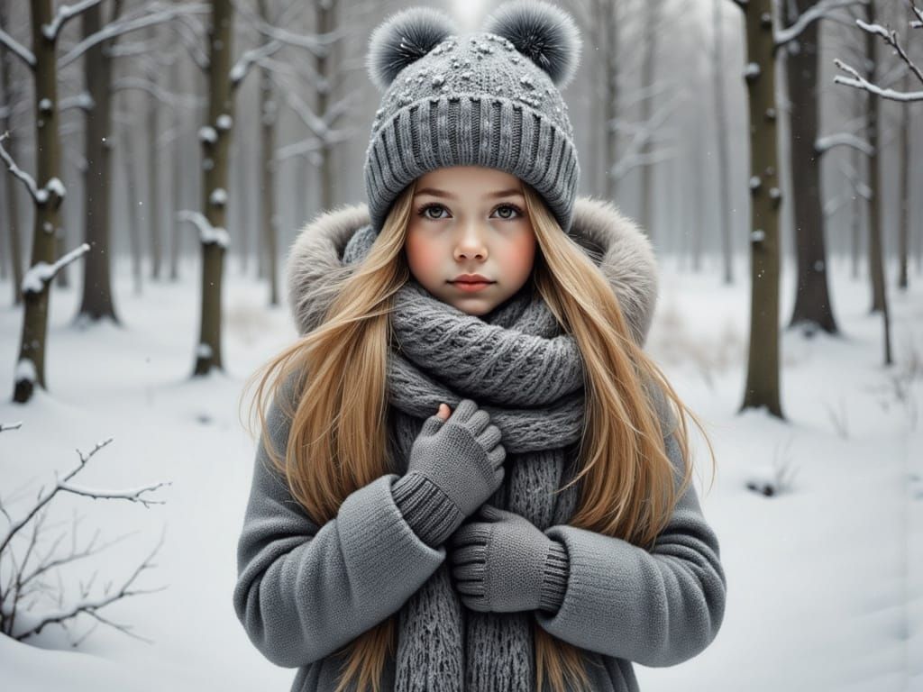 Girl in Winter Clothes on Frozen Lake
