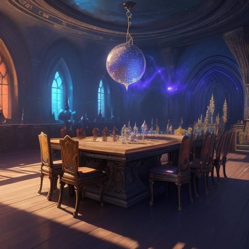wizard lounge, large table, several crystal balls, floating