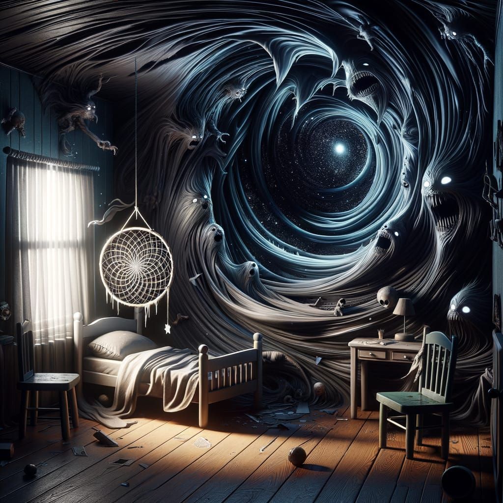 A child's bedroom is dissolving into a swirling vortex of nightmarish shadows and fragmented memories. ...  by @K J Baker