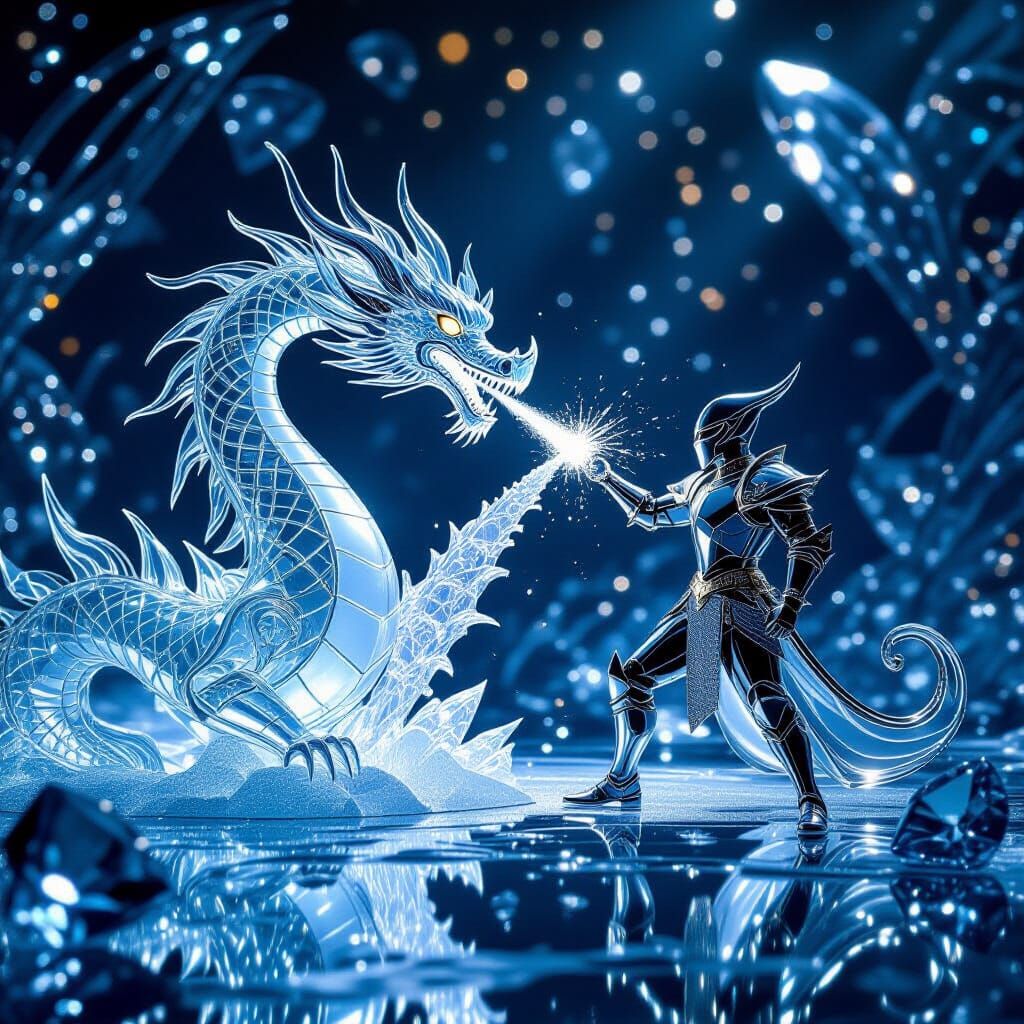 Glass Dragon Spews Ice at Knight, Diamond Background