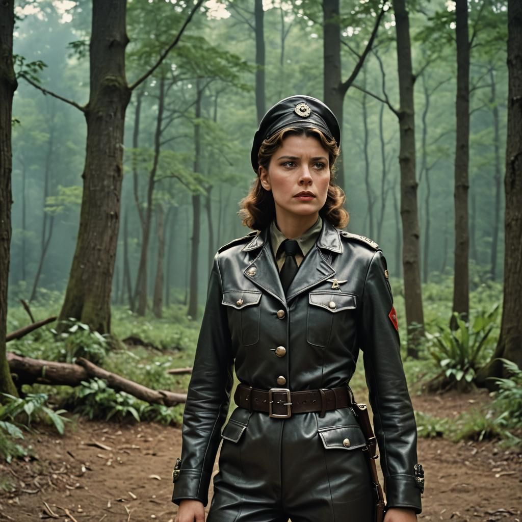 Dyanne Thorne as Ilsa dressed in a leather military uniform in the film ...