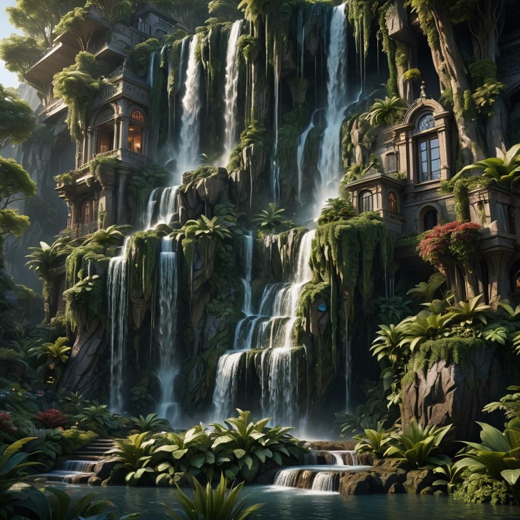 Luxurious Waterfall House: Fantasy Concept Art