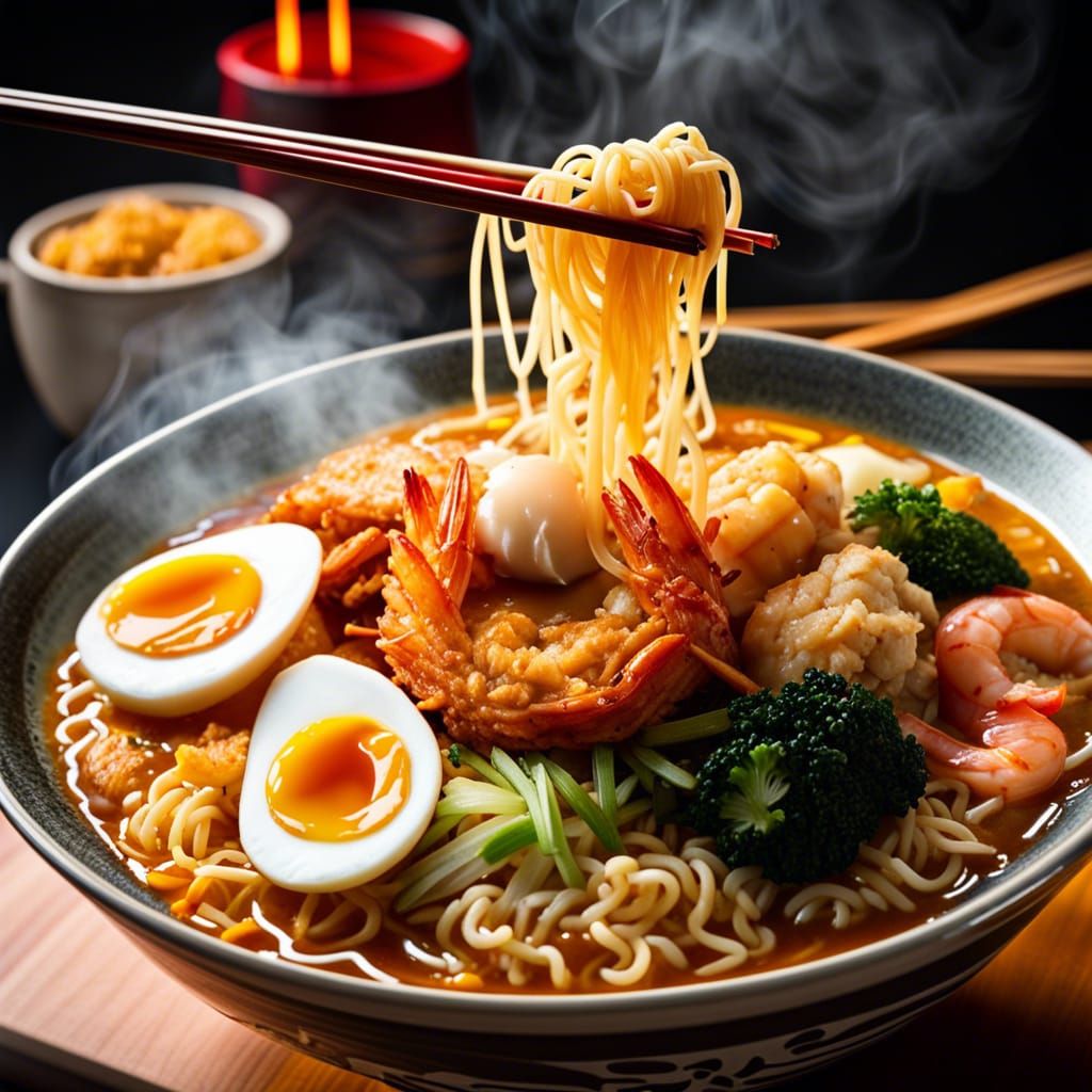 Steaming spicy ramen with ebi furai, chicken and eggs toppings 🤤  by @Peppy Pixi