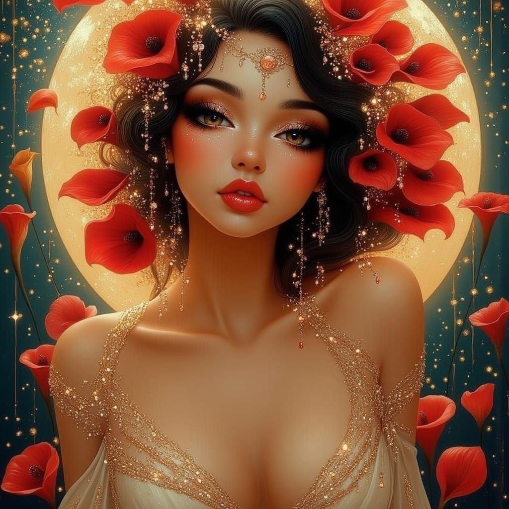 <lora:ALL THAT GLITTER:1.0> a portrait of a beautiful woman surrounded by poppies, glittery, shiny, glowing, sparkling, pixie dust, gems, al...
