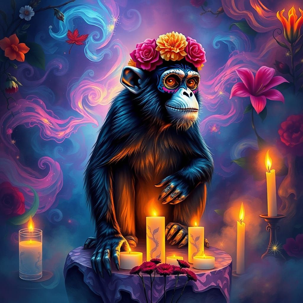 Day of the Dead monkey, Alcohol_ink, Oil paint, deep saturation, high