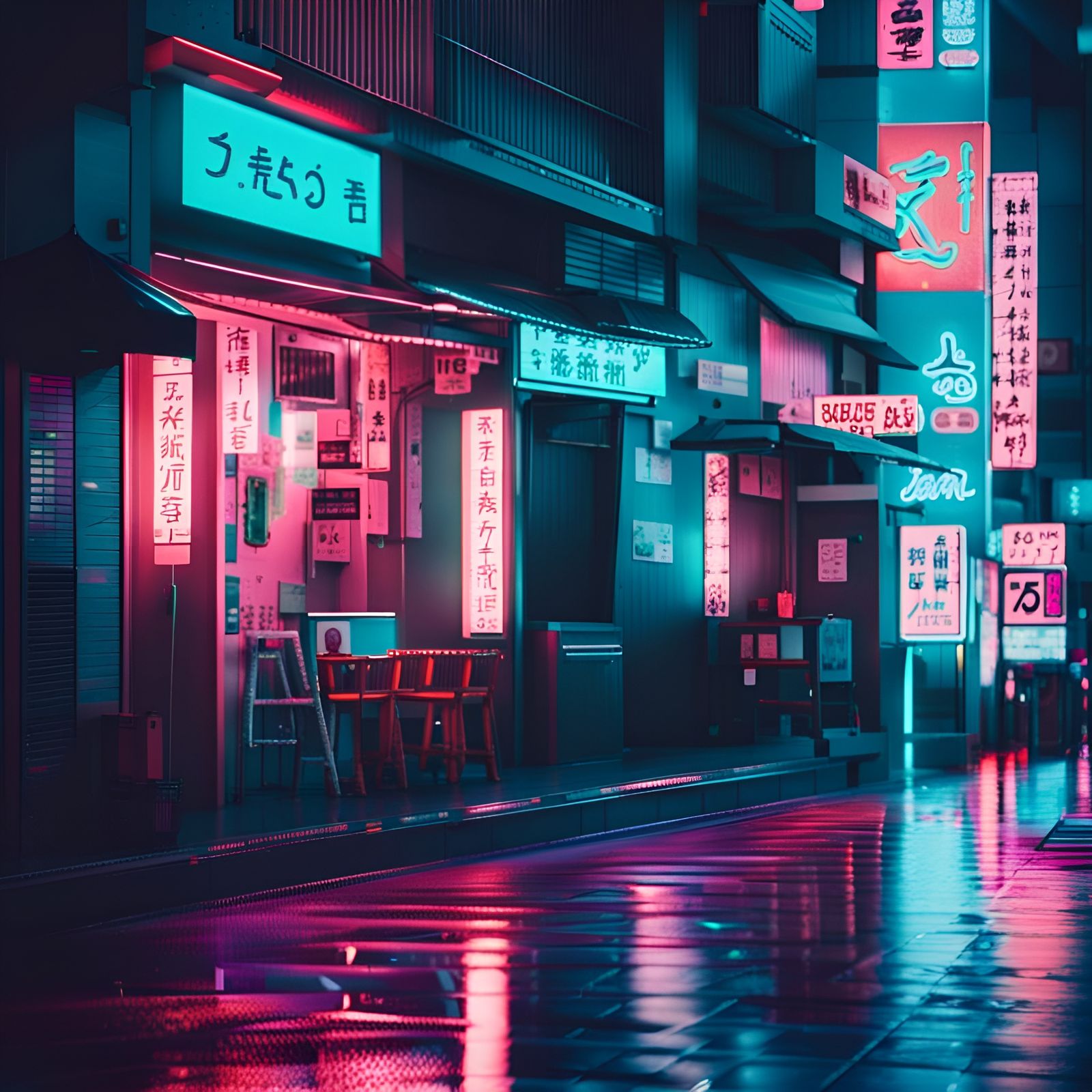 A quiet Japanese neon lit city street at night while raining in the ...