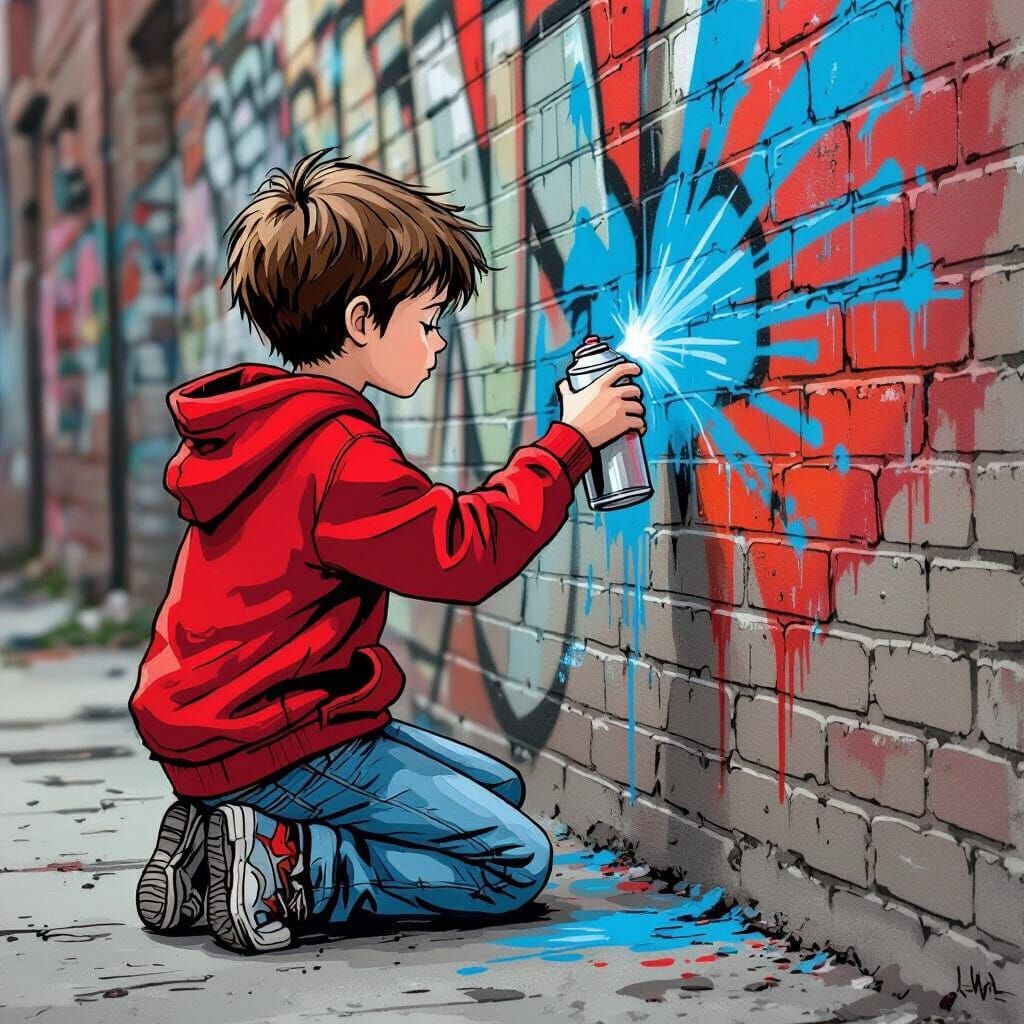 scrawny boy with short hair kneeling down on one leg to spray paint facing left away from camera simple drawing