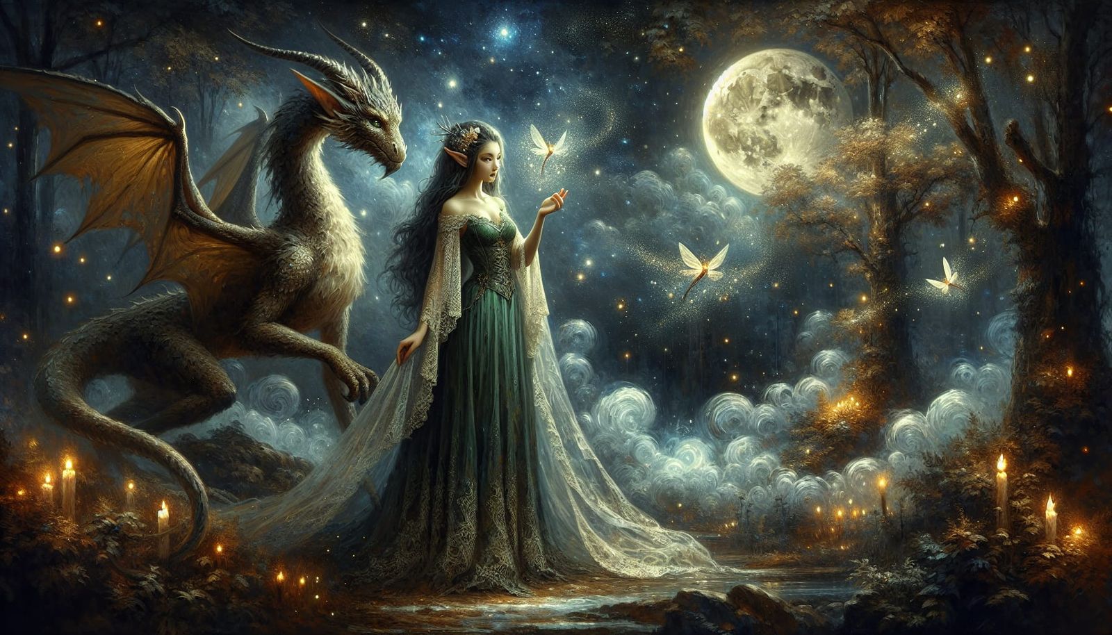 A elven princess and her elf dragon dance gracefully in a starry moonlit glade, surrounded by swirling, ethereal mist an...