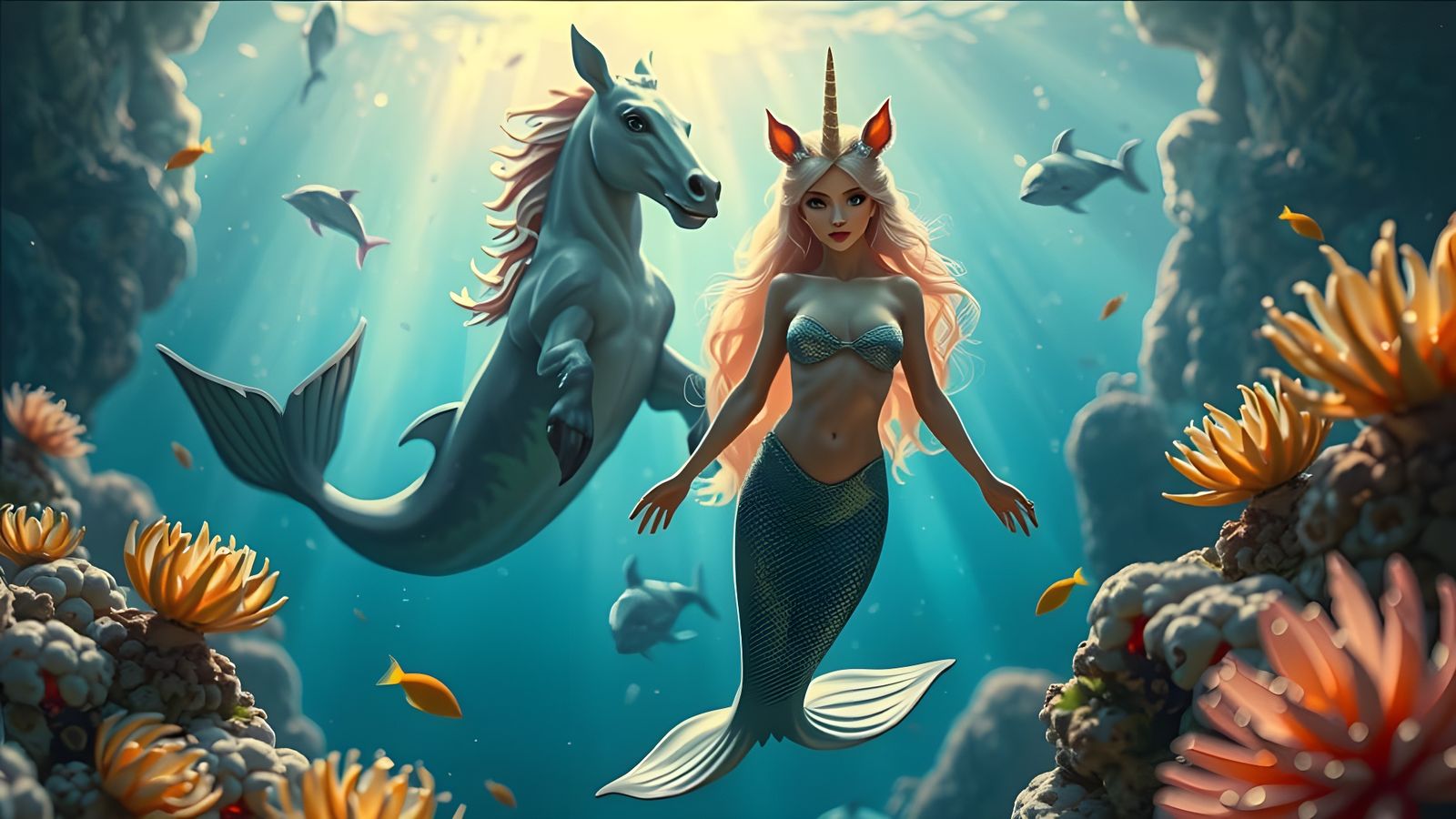 Unicorn Mermaid with Sea Horse and Dolphin Friends  by @Gary Murakami