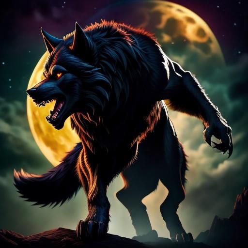 <lora:Fierce Werewolf SD:0.7>Photorealistic portrait of a Powerful anthropomorphic werewolf  under the moonlight. Standing on back legs. Ma...