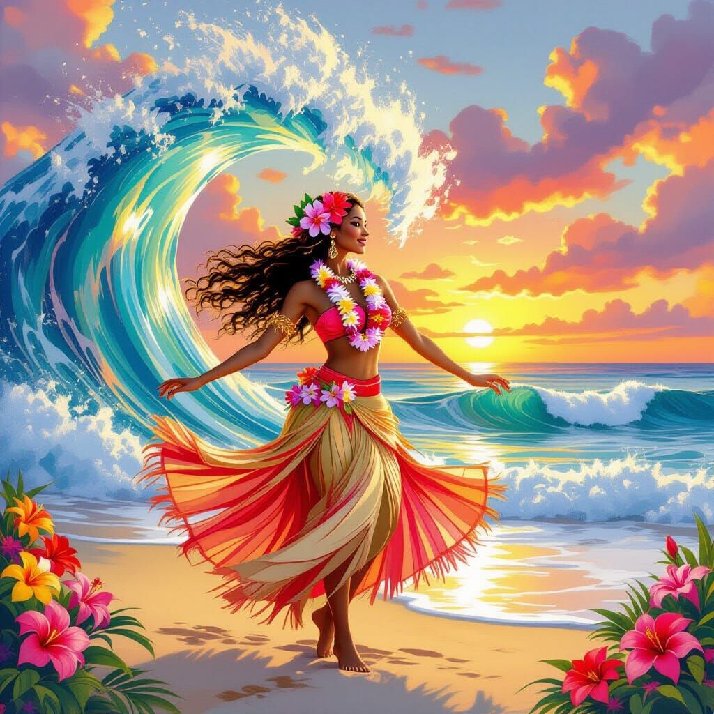 Vibrant Hawaiian hula dancer in a flowing grass skirt and coral bra, wearing an intricate orchid lei surrounded by tropical flowers, standin...