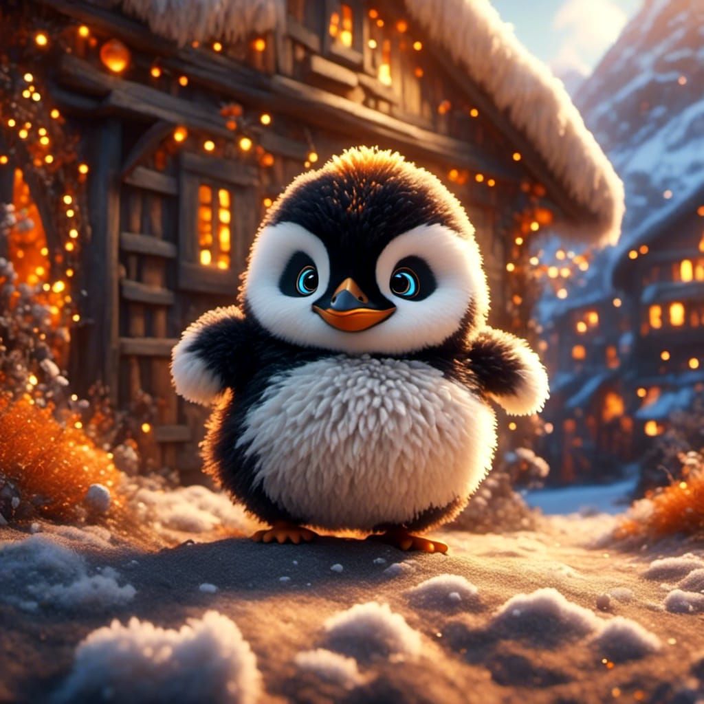 Striking Photorealistic Penguin in a Cosmic Village
