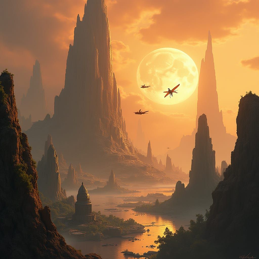 A breathtaking panorama of an ancient, alien civilization's capital city, built within and around colossal, naturally formed geodes that pie...