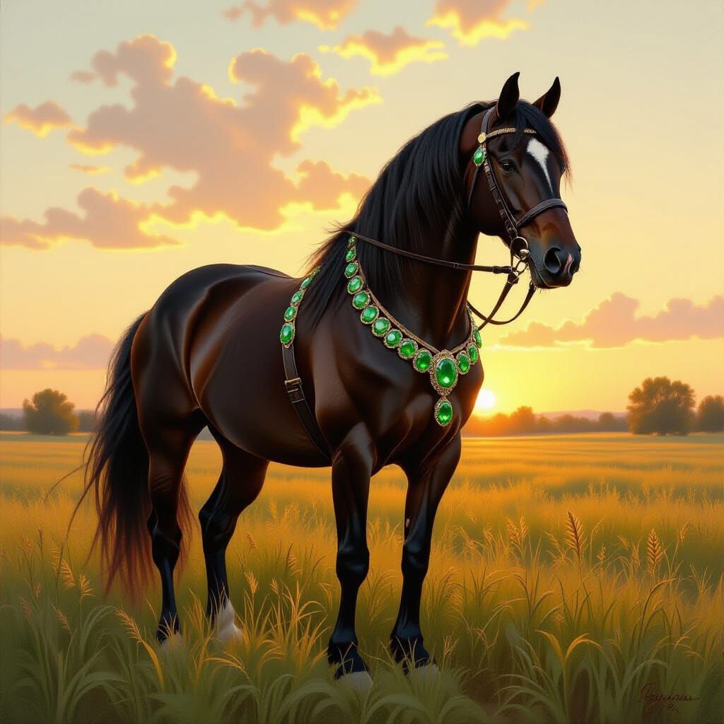  a beautiful horse stallion with a royal and beautiful harness with beautiful paridot gems on it