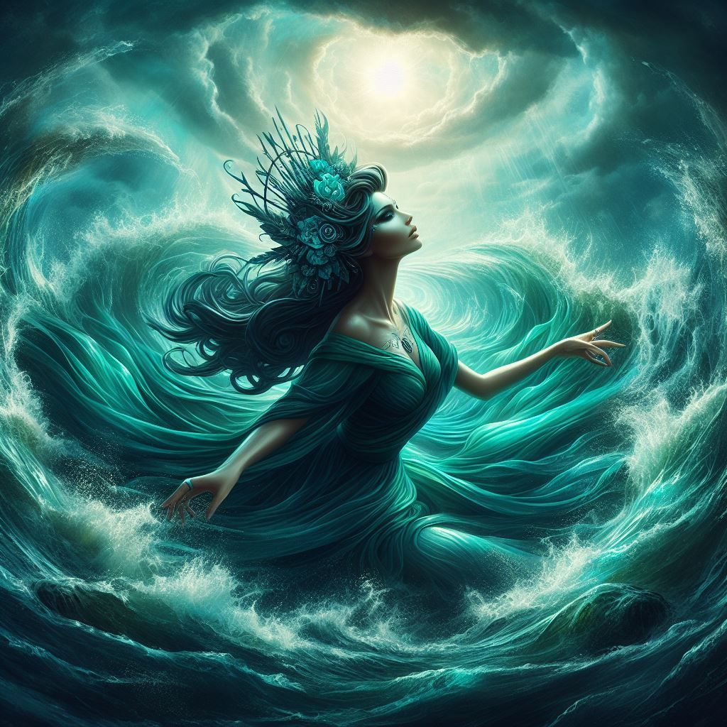 a river queen rising from a swirling whirlpool, teal hues