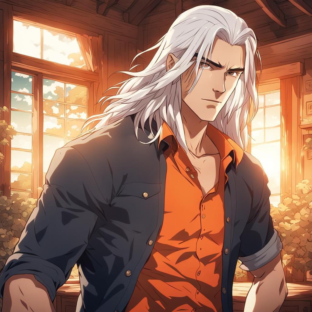 a strong handsome young man in his 25s with long white hair ...