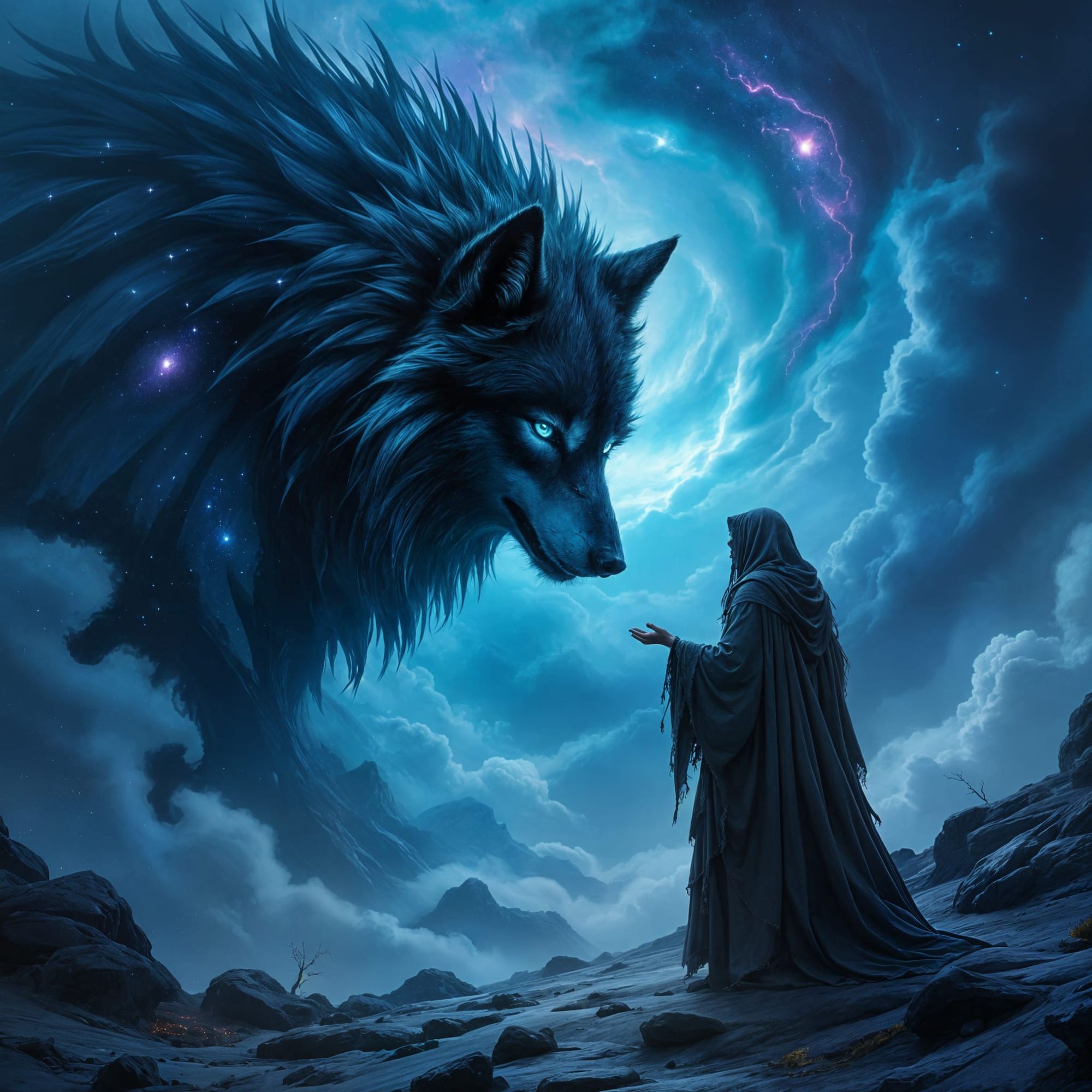 A shadowy figure, resembling a dark fantasy druid, communes with a colossal, obsidian wolf whose fur shimmers with starlight. They stand at ...