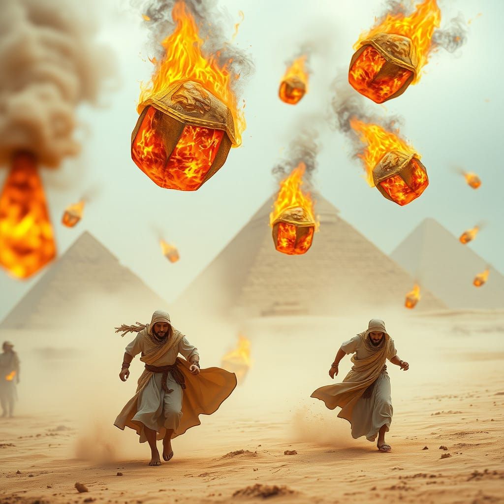 Egyptian Men Flee from Blazing Hailstones Amidst Pyramids