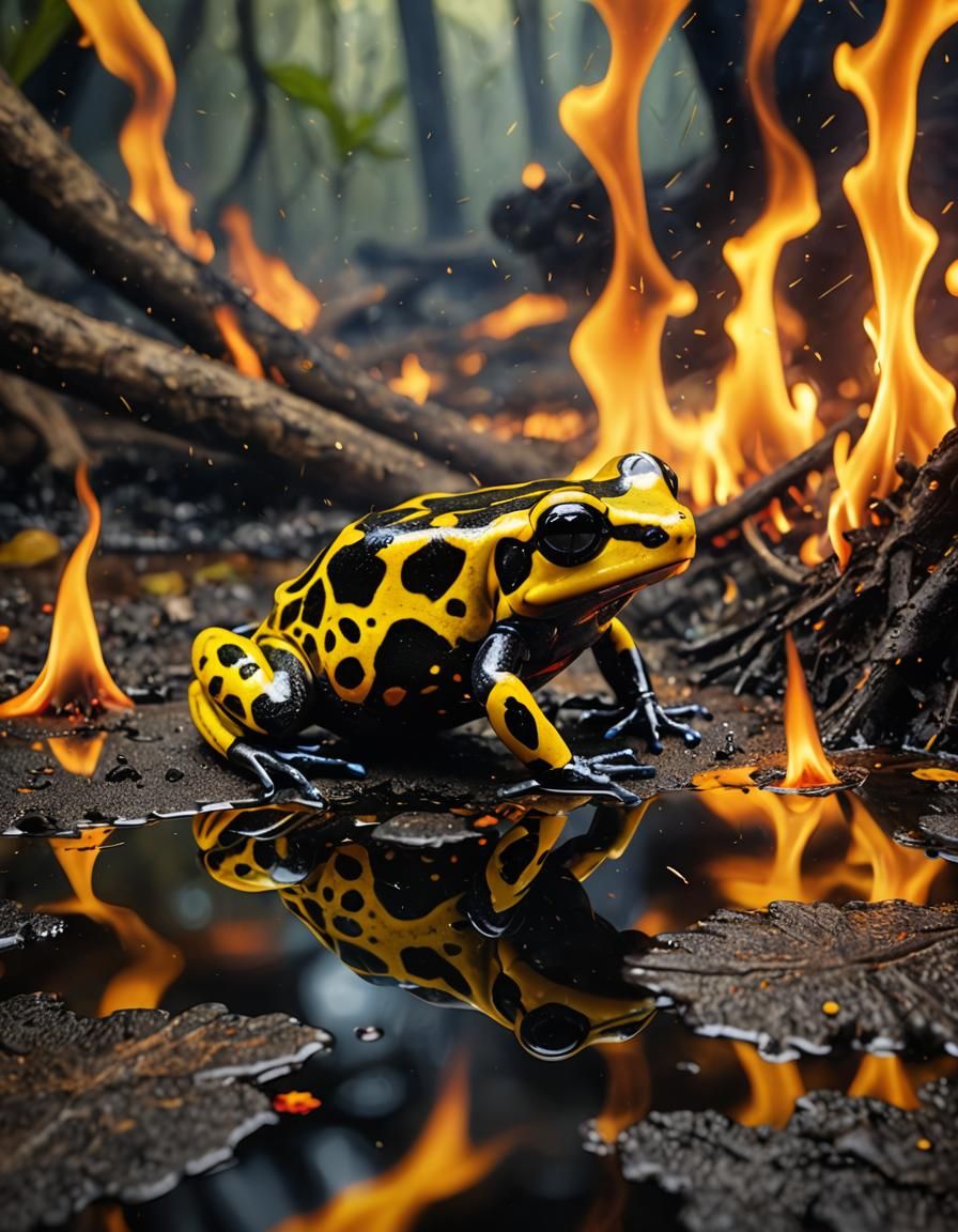 Amazon yellow and black poison dart frog surrounded by destruction  by @undefined