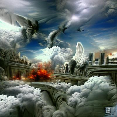 Endtime apocalypse in heaven. Angels fight each other