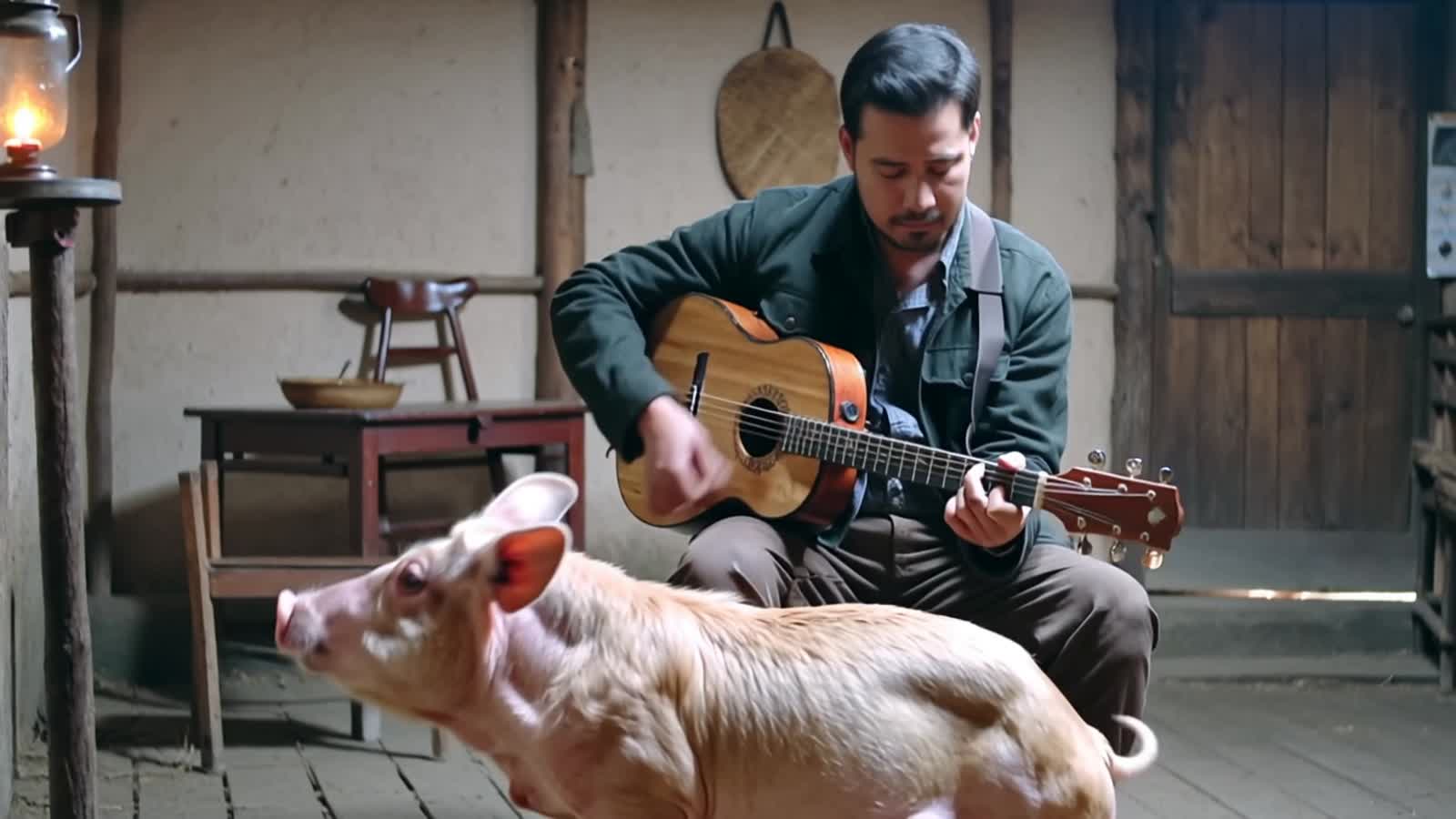 A film from 1925 of a man playing banjo while a pig dances