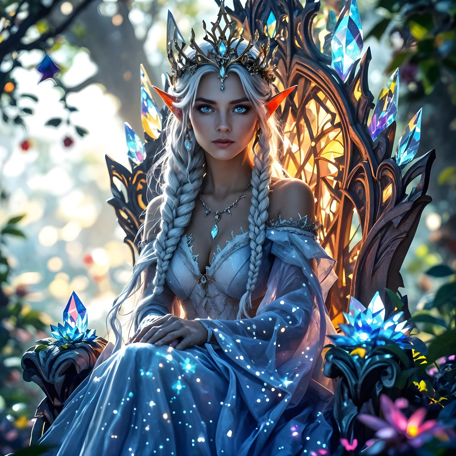 A regal elven queen with long, braided platinum hair and piercing blue eyes, clad in a flowing gown of ...  by @evolsdoom